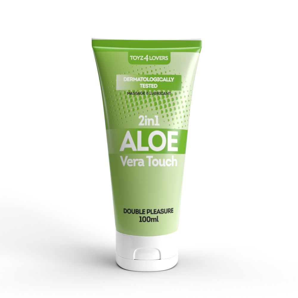 Tubo verde con tappo bianco. Scritta: 2in1 ALOE Vera Touch, dermatologicamente testato. Marchio: TOYZ4LOVERS.