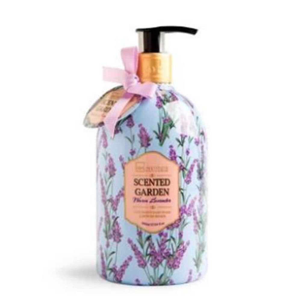 Flacone con motivo lavanda e dispenser a pompa per sapone liquido.