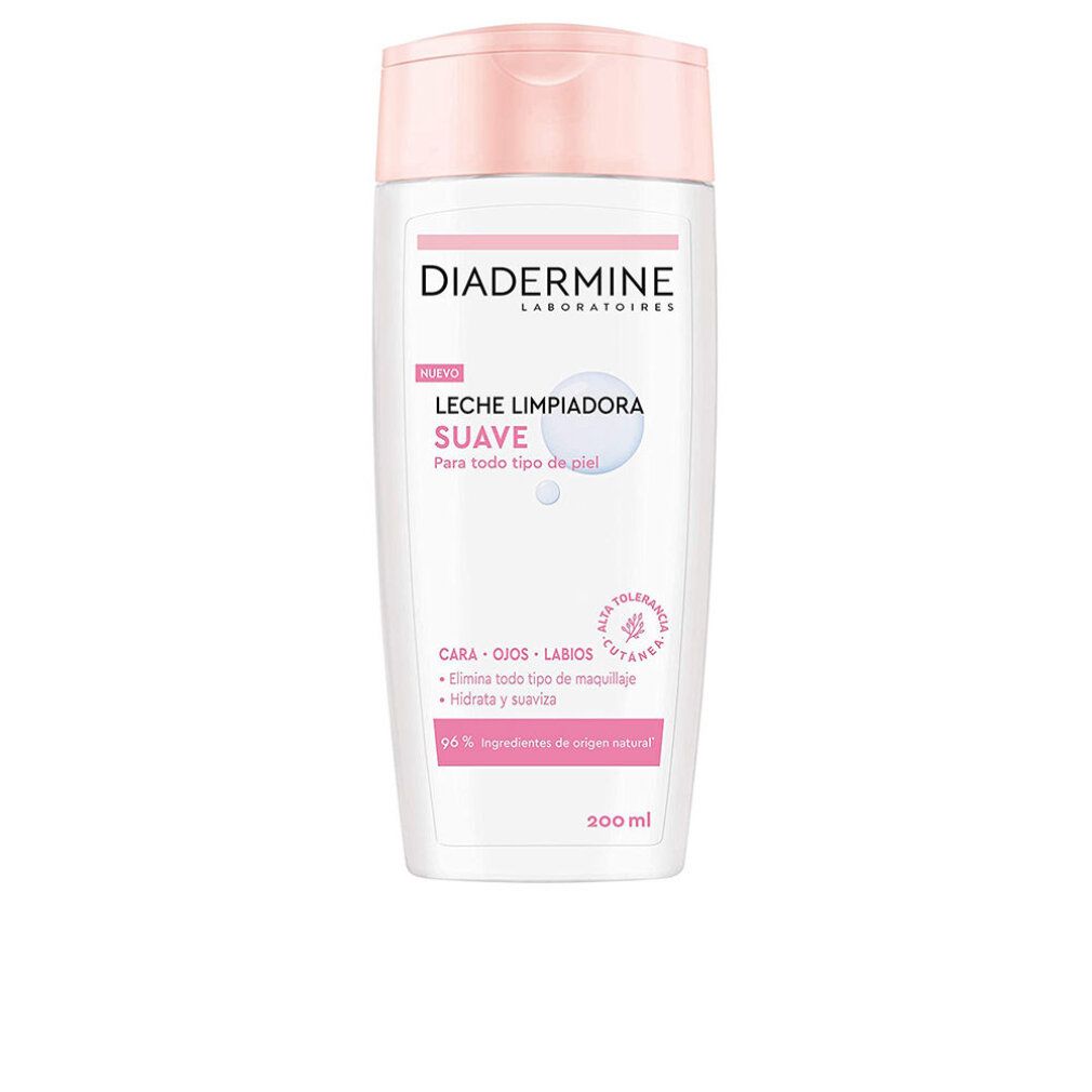Diadermine Latte detergente. Flacone bianco, tappo rosa. Testo: 'LECHE LIMPIADORA SUAVE'. Per tutti i tipi di pelle. 200 ml.