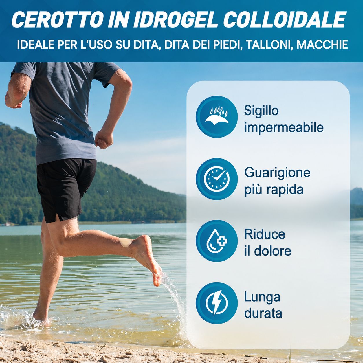Uomo che corre sul lago. Testo: Cerotto in idrogel colloidale. Ideale per dita, dita dei piedi, talloni, punti. Impermeabile, guarigione più rapida, riduce il dolore, duraturo.