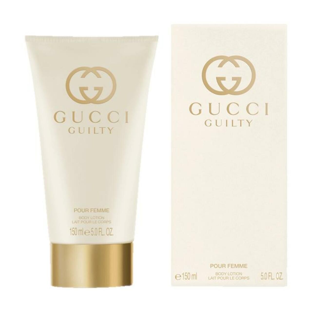 Tubo e confezione color crema. Logo e scritta Gucci Guilty dorati. Scritta: Pour Femme, Body Lotion.