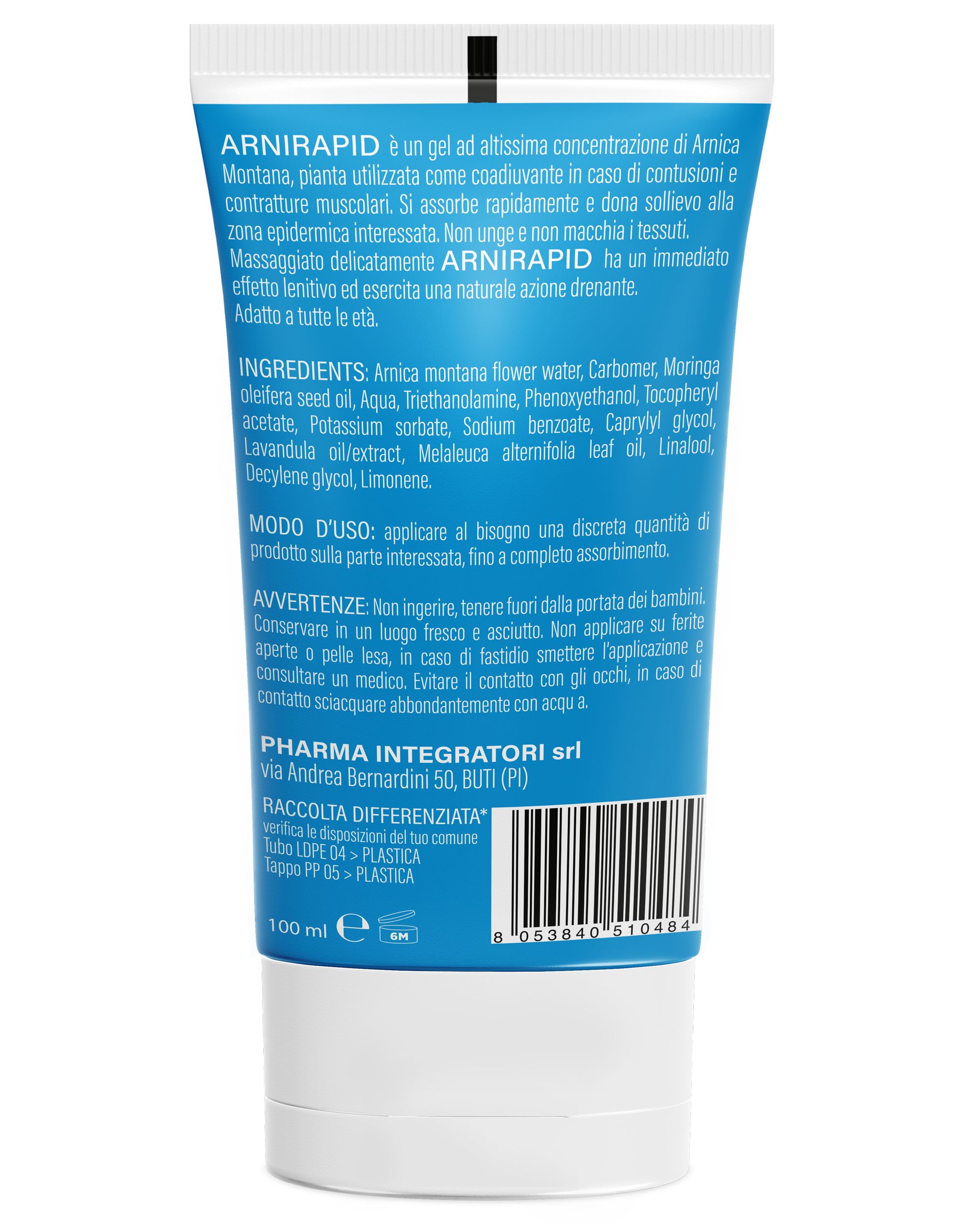 Retro di un tubetto ARNIRAPID con ingredienti e istruzioni per l'uso.