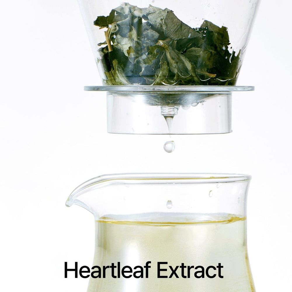 Liquido trasparente che gocciola da un contenitore di vetro. Foglie sopra, contenitore con liquido sotto. Scritta: Heartleaf Extract.