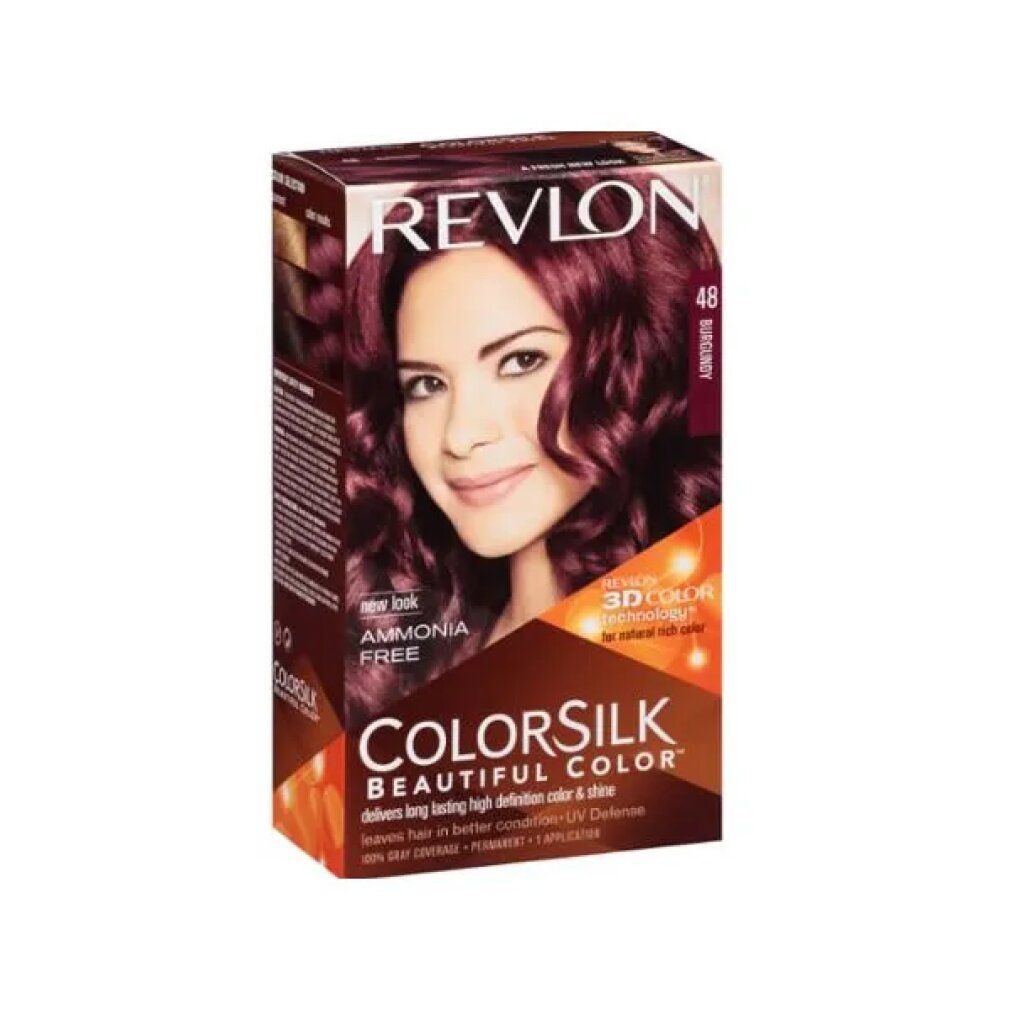 Scatola Revlon Colorsilk. Donna con capelli bordeaux. Contiene: Senza ammoniaca, tecnologia 3D Color.