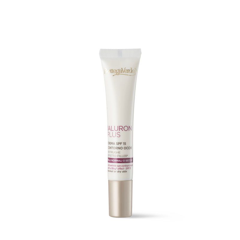 Tubo crema Bottega Verde Ialuron Plus. Bianco, con scritta e dettaglio viola. Per pelli normali o secche.