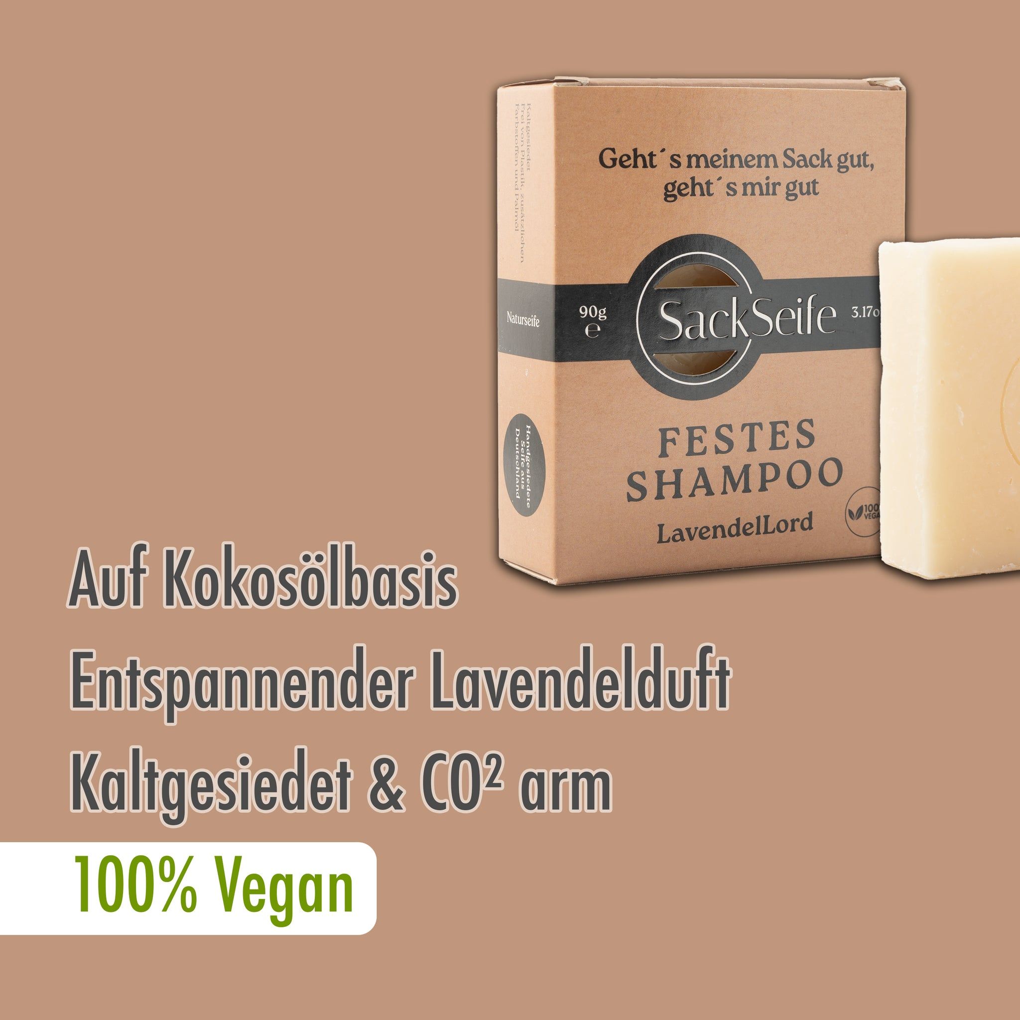 Shampoo solido LavendelLord e confezione. Testo: A base di olio di cocco, Profumo rilassante di lavanda, Lavorato a freddo e a basso contenuto di CO2, 100% vegano.