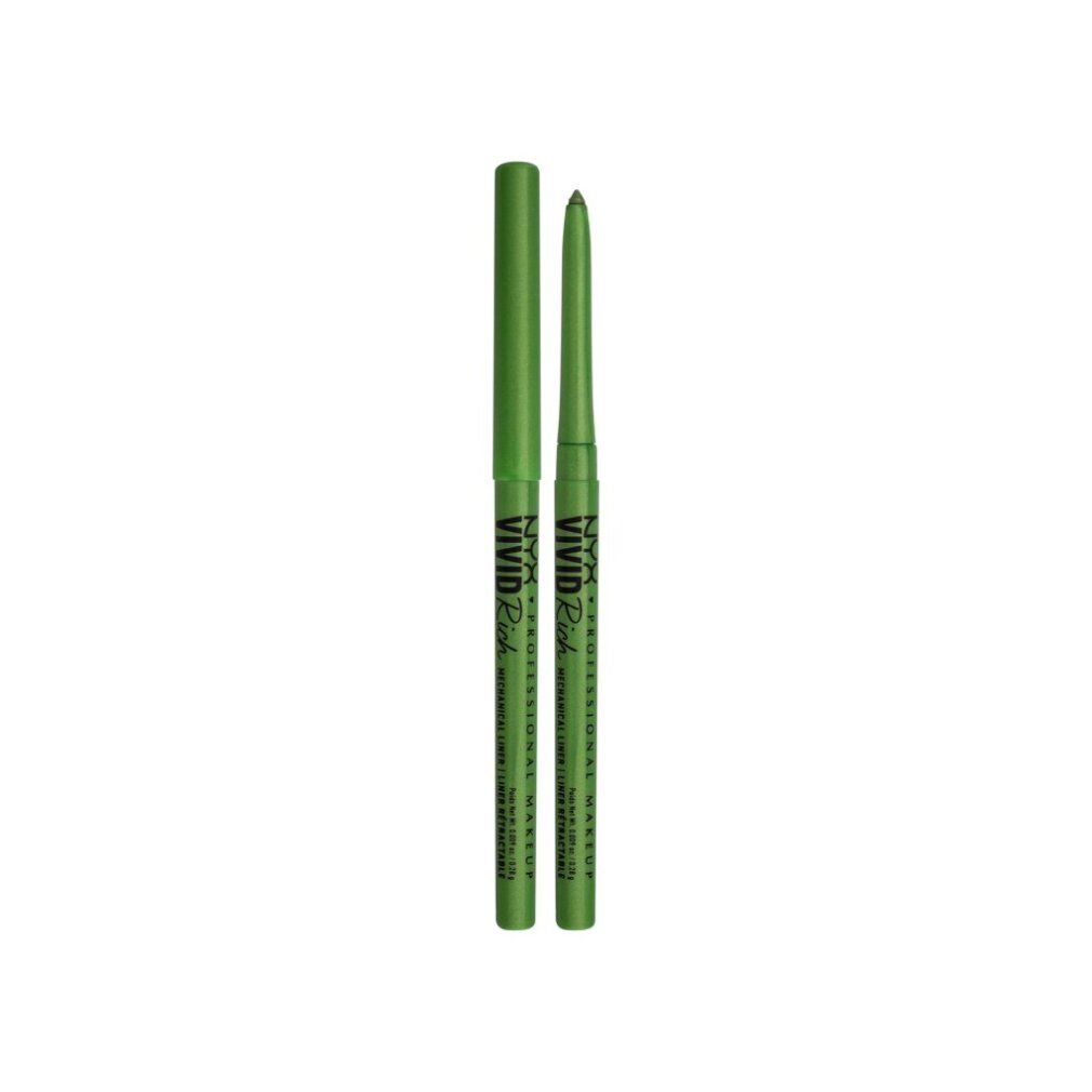 Due matite occhi meccaniche verdi. Scritta: NYX Professional Makeup Vivid Rich. Meccanismo a rotazione.