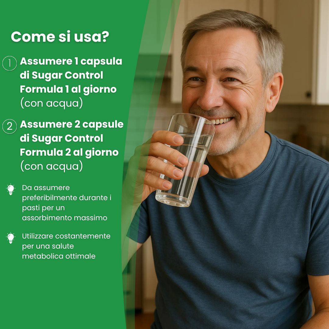 Infografica italiana che spiega il sistema a doppia formula di Biostile Sugar Control con Formula 1 e Formula 2.