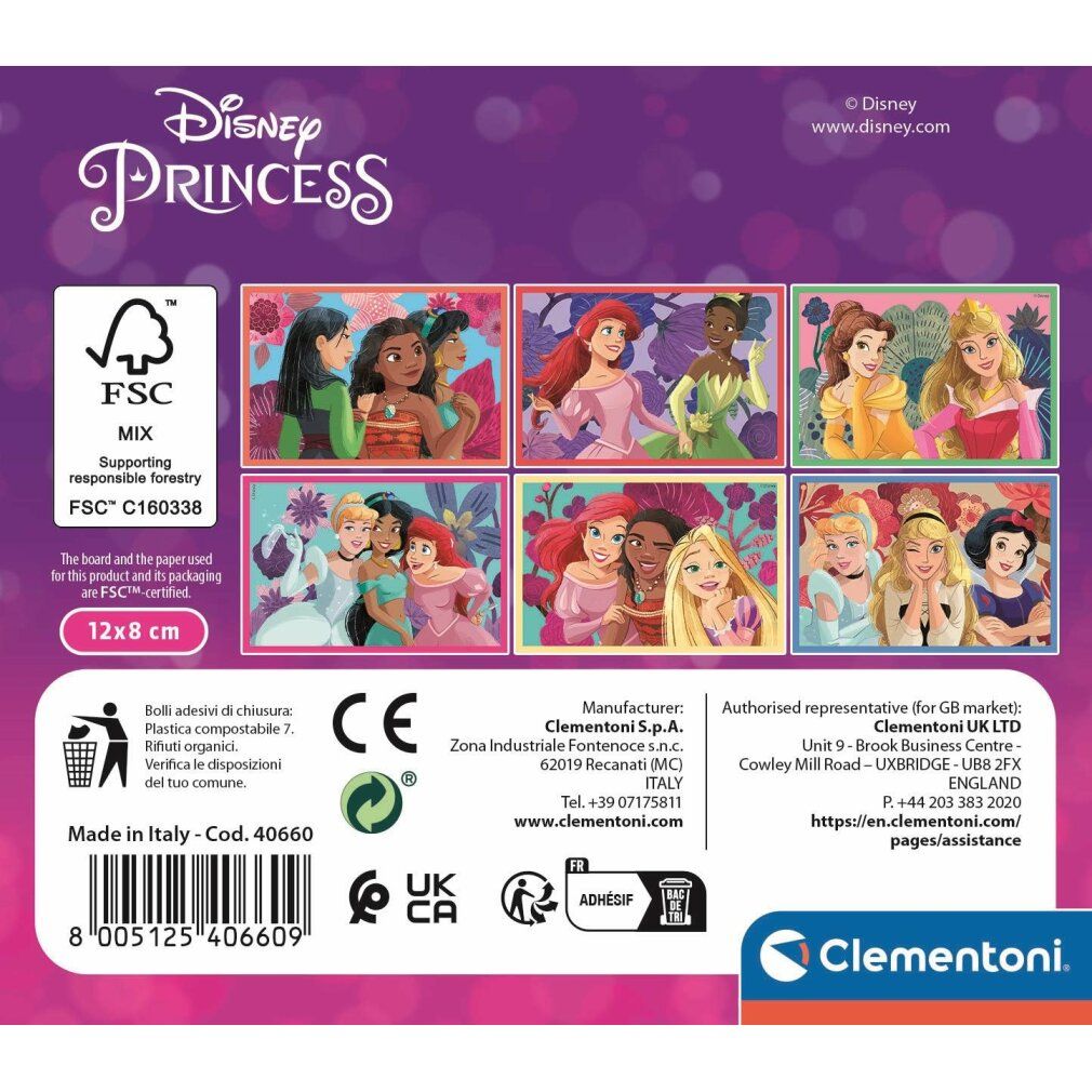 Retro della confezione del puzzle. Mostra otto motivi di puzzle con principesse Disney. Certificazione FSC e informazioni del produttore.