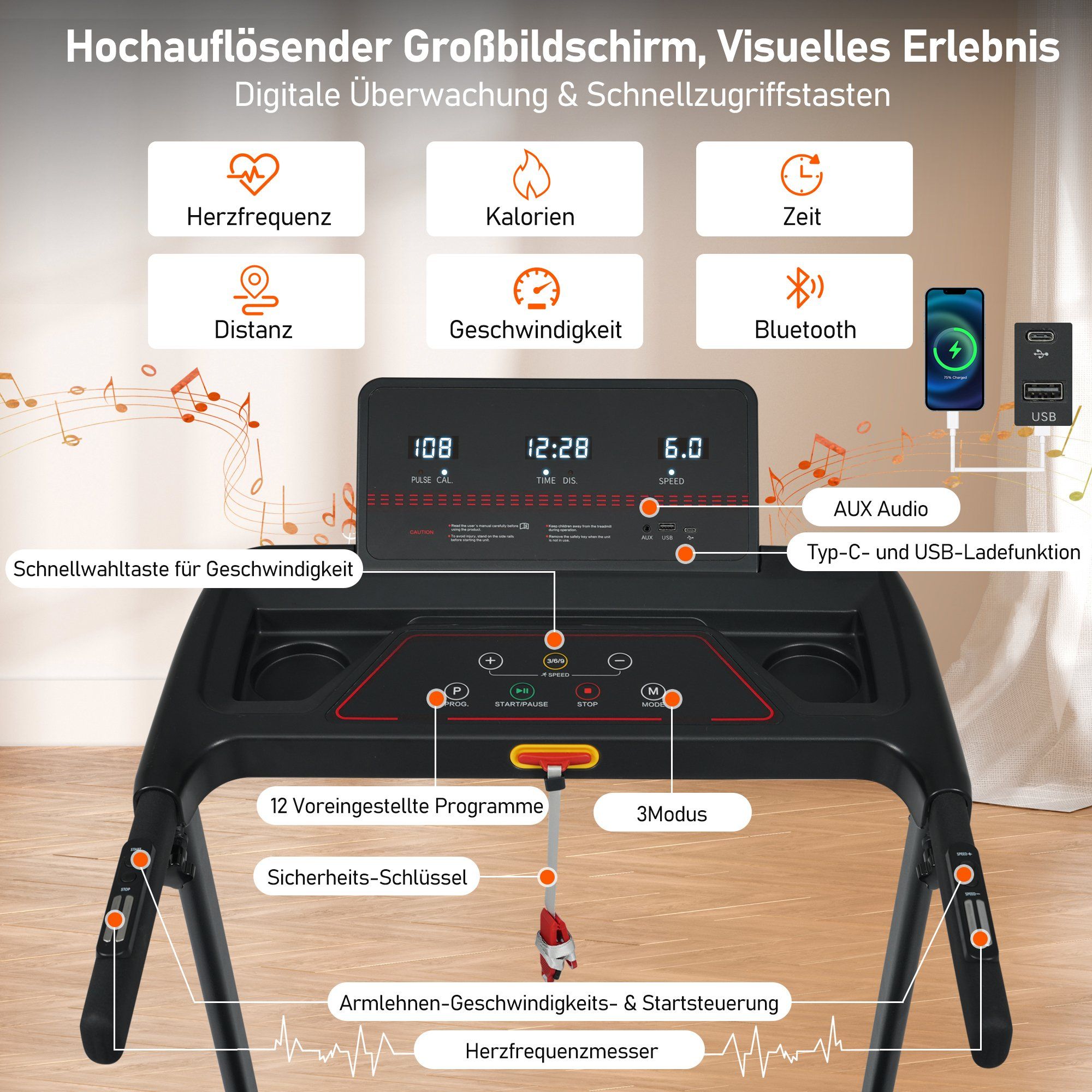 Tapis roulant pieghevole con inclinazione dell'8%, motore da 3.0 HP e velocità massima di 14 km/h