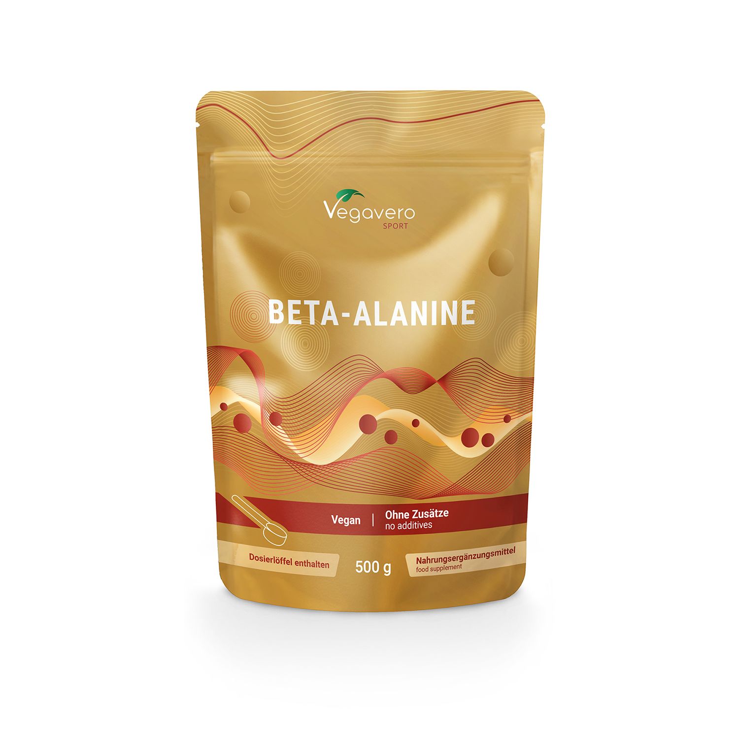Busta dorata con stampa del prodotto. Scritta BETA-ALANINE. Vegano e senza additivi. 500g. Misurino incluso.