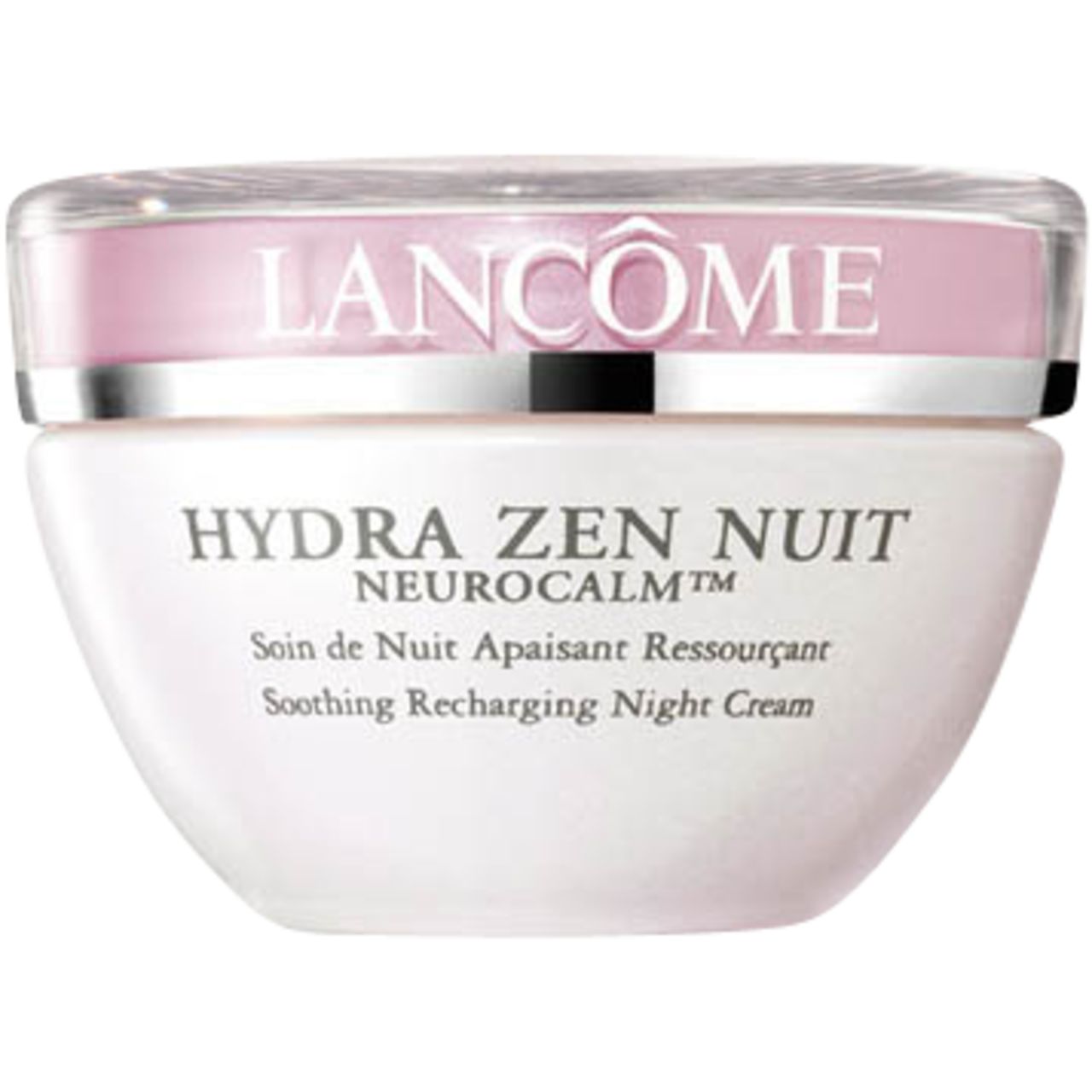 Vaso di crema bianco con coperchio argentato. Scritta: Lancôme, Hydra Zen Nuit, Neurocalm, crema notte lenitiva.