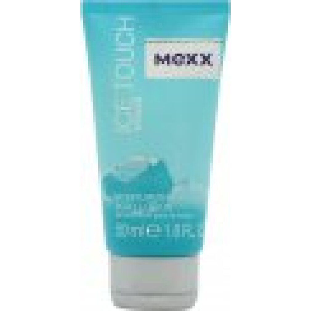 Tubo turchese con tappo bianco. Scritta: MEXX ICE TOUCH WOMAN. Testo: MOISTURIZING BODY LOTION. Volume: 50 ml.