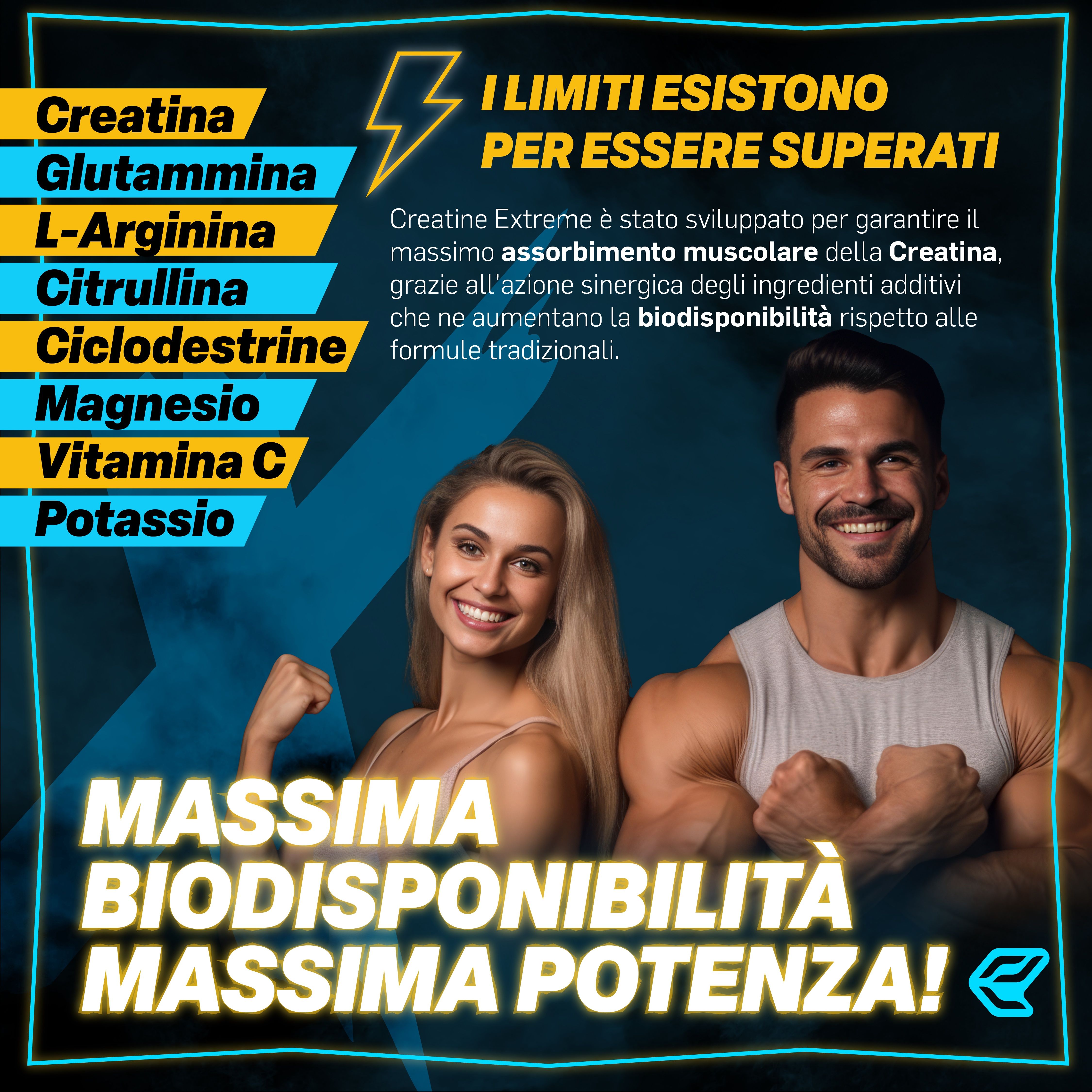 Immagine pubblicitaria con due persone. Testo: Massima Biodisponibilità, Massima Potenza! Contiene creatina, glutammina, L-arginina, citrullina, ecc.