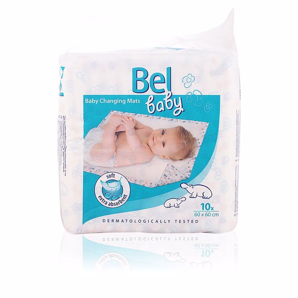 Confezione di materassini per il cambio Bel Baby. Dieci pezzi, 60x60cm. Morbido ed extra assorbente. Dermatologicamente testato. Bambino sulla confezione.