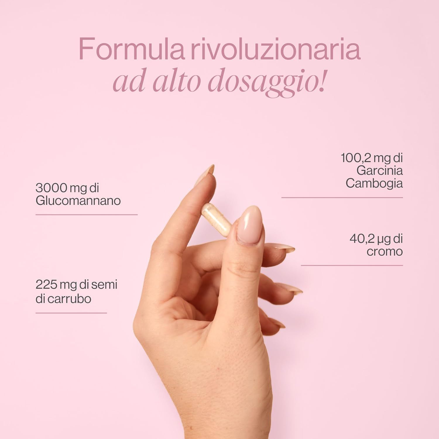 Mano che tiene una capsula. Testo: 3000 mg Glucomannano, 100,2 Garcinia cambogia, 225 mg semi di carruba, 40,2 µg cromo.