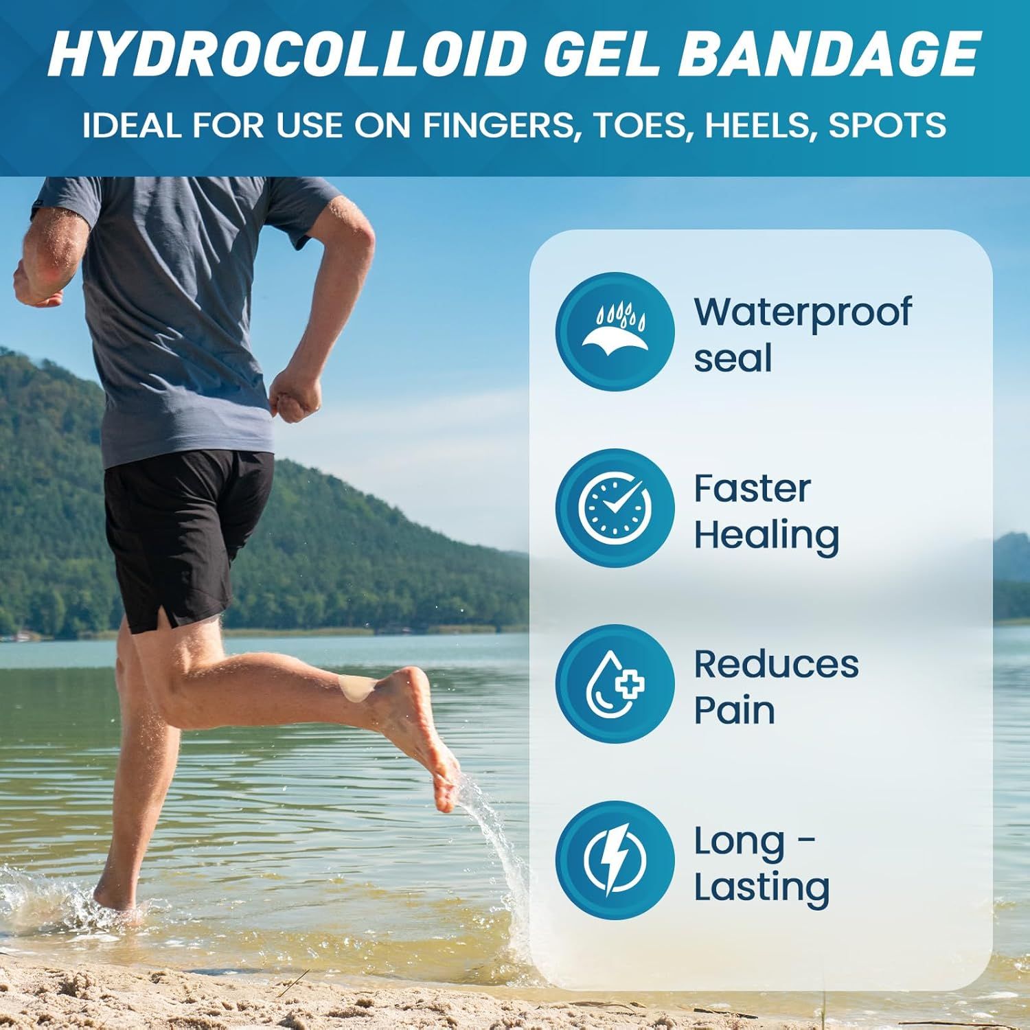 Uomo che corre sul lago. Testo: Cerotto in gel idrocolloide. Ideale per dita, dita dei piedi, talloni, punti. Impermeabile, guarigione più rapida, riduce il dolore, duraturo.