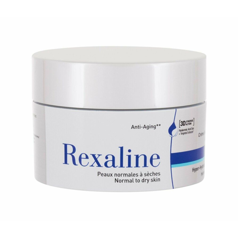 Vaso di crema bianco con scritta bianca Rexaline. Testo: Peaux normales à sèches, Normal to dry skin.