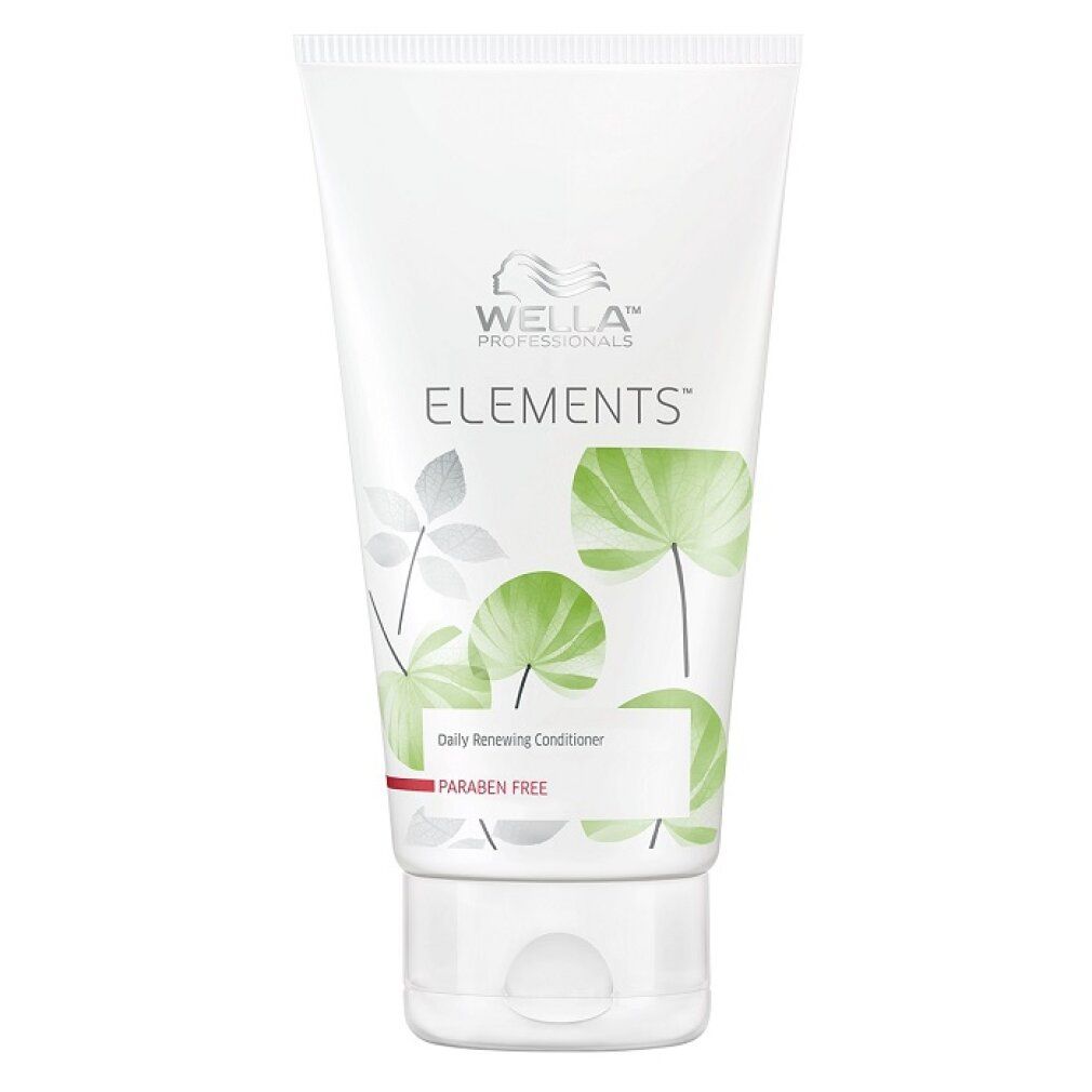 Tubo bianco Wella Elements Conditioner. Design foglie verde e bianco. Scritta: Daily Renewing Conditioner. Senza parabeni.
