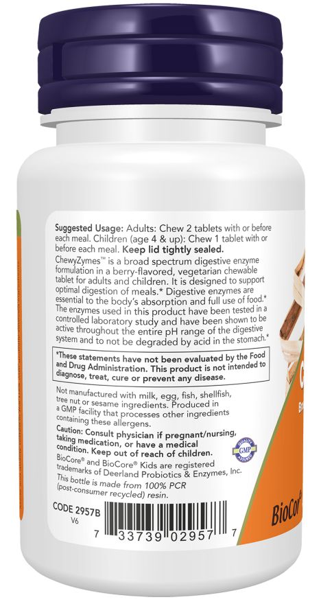 Retro del flacone bianco. Testo con informazioni sul prodotto e ingredienti. Loghi "ChewyZymes" e "BioCore".