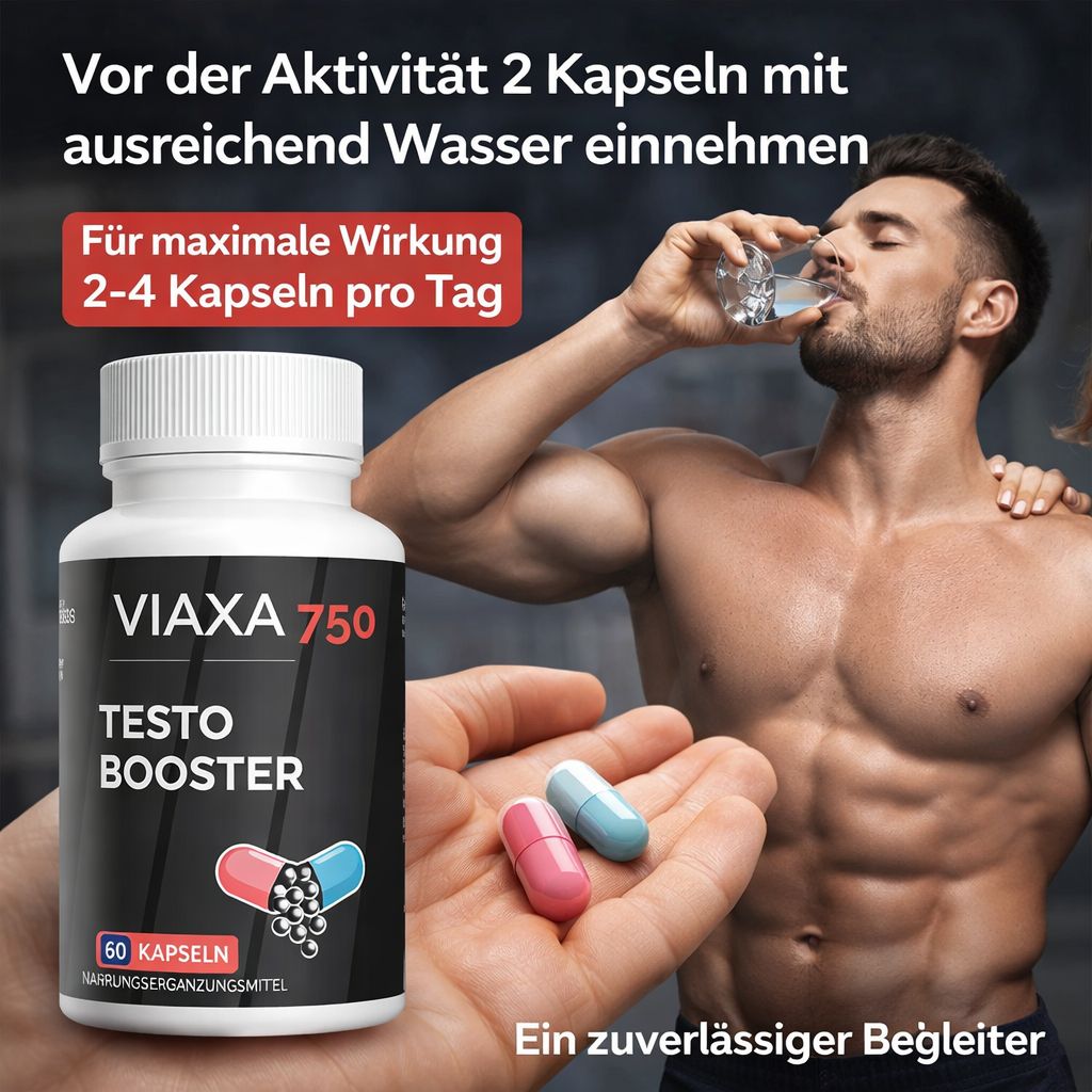 Contenitore di capsule Viaxa 750 Testo Booster nella mano di un uomo che beve acqua.