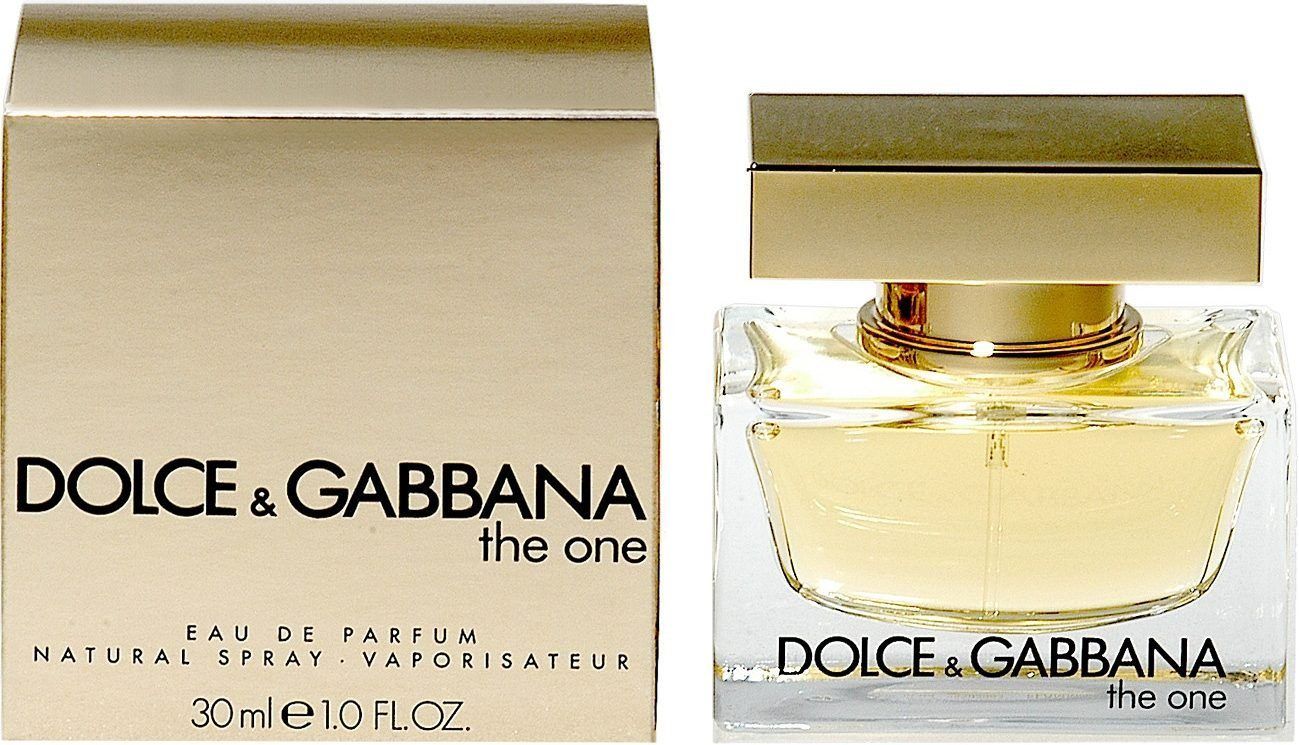 Flacone di profumo e scatola. Flacone con tappo dorato. Scritta: DOLCE & GABBANA the one.