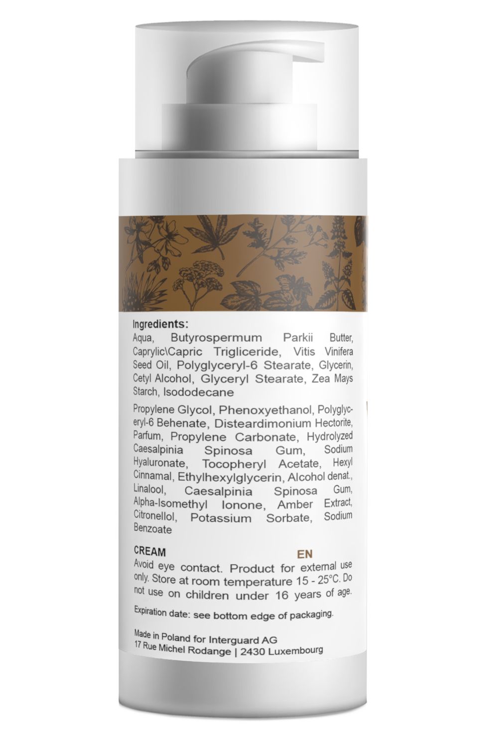 Flacone di crema con dosatore. Scritta: Ingredienti, crema, EN. Etichetta marrone con motivo floreale. Sfondo bianco.