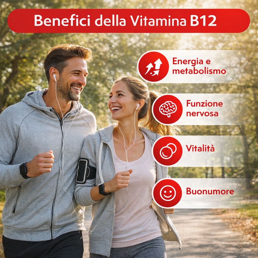 Un uomo e una donna corrono all'aperto. Testo: Benefici della vitamina B12, energia, funzione nervosa, vitalità, buonumore.