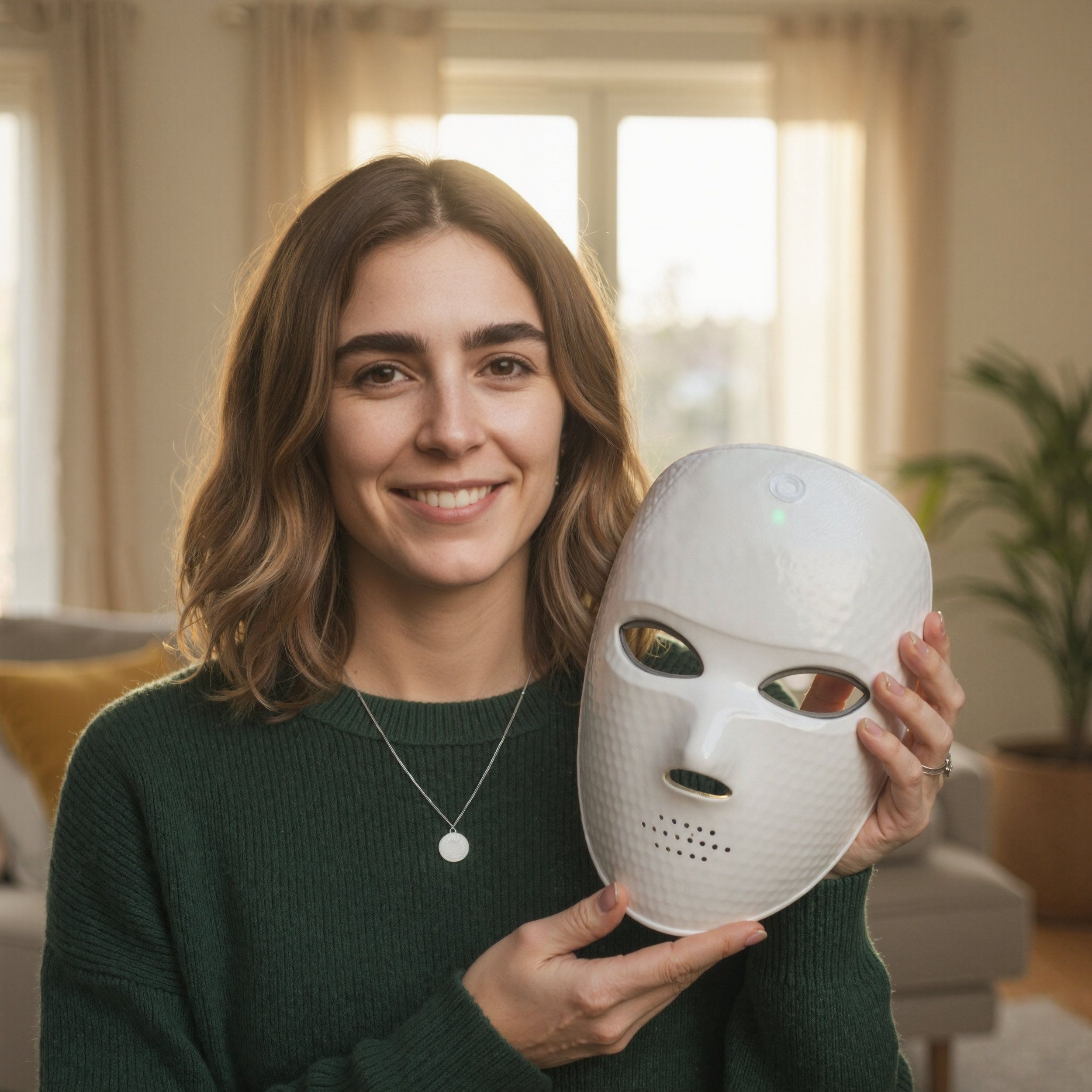 Donna tiene maschera facciale a LED bianca. Maschera con fori e luci rosse. La donna sorride.
