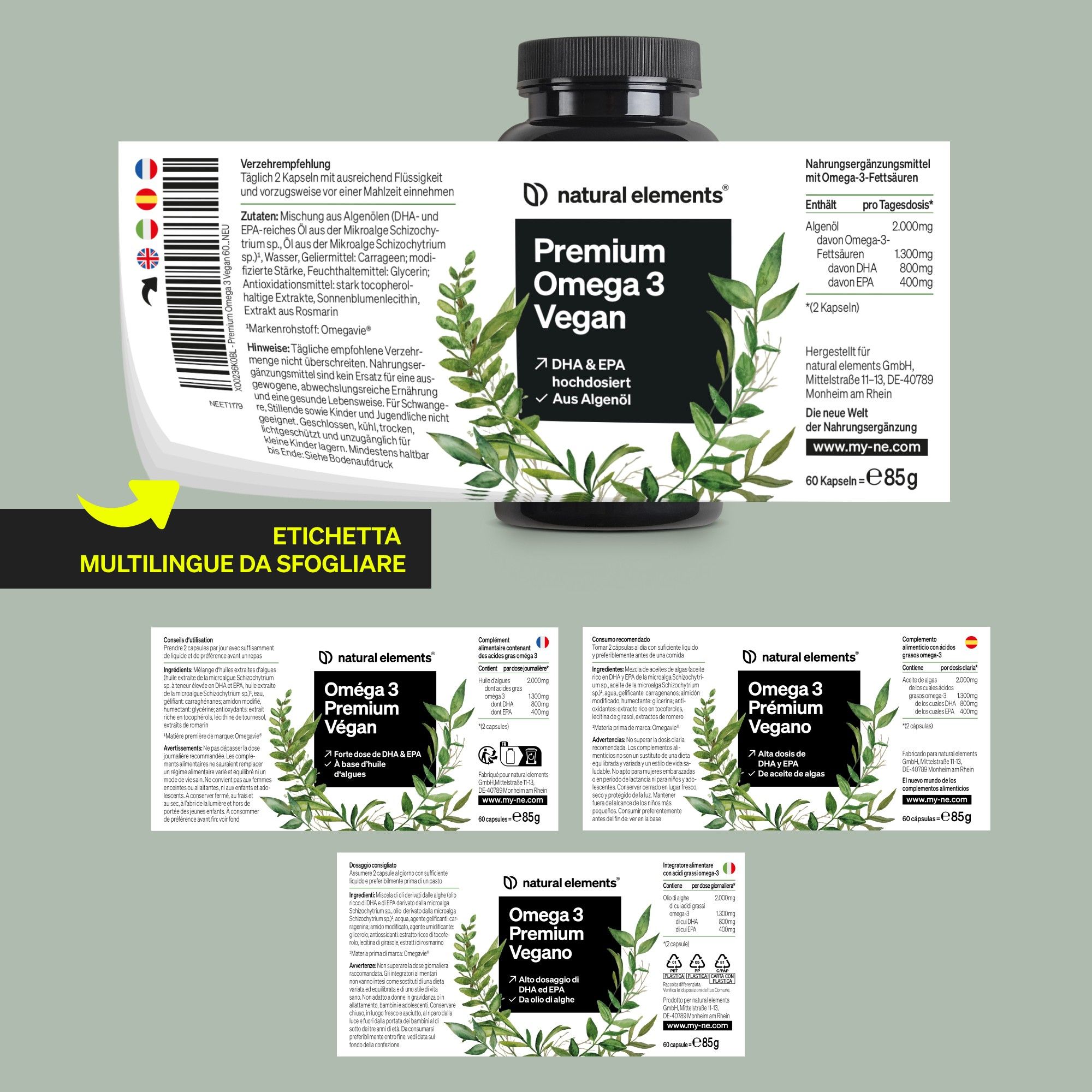 Flacone di capsule Omega 3 Vegan di natural elements. Contiene 85g.
