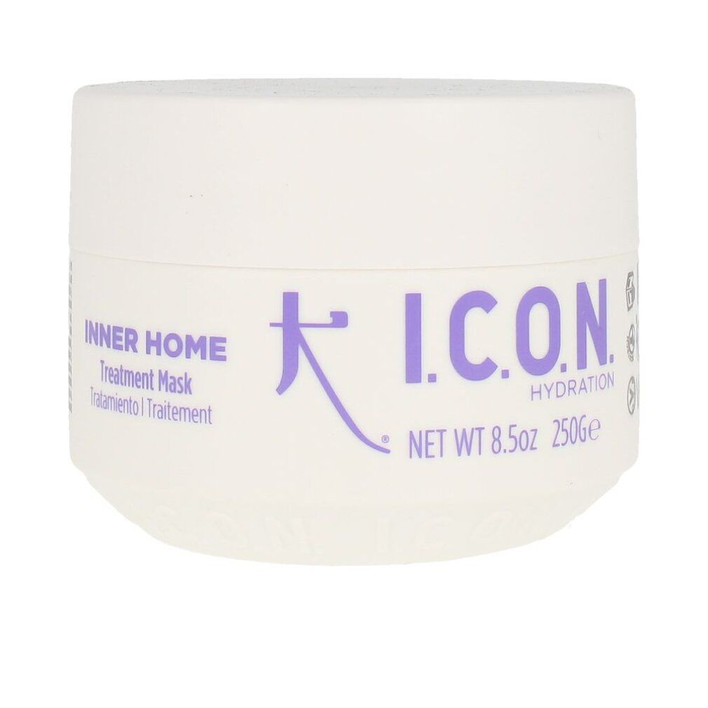 Vasetto bianco con scritta viola I.C.O.N. e INNER HOME. Coperchio. NET WT 8.5oz 250g.