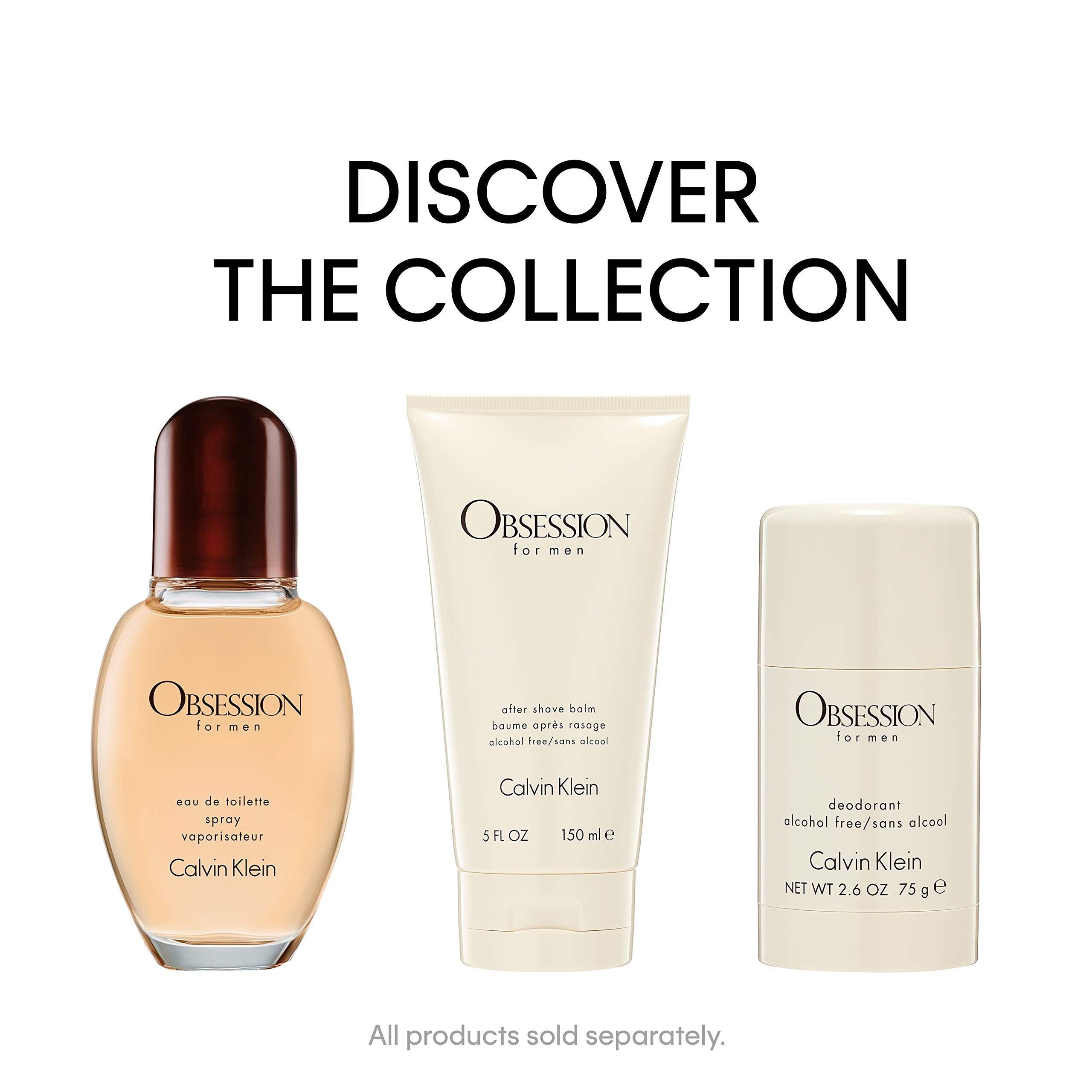 Annuncio con prodotti Calvin Klein Obsession for men. Eau de Toilette, After Shave Balm, Deodorante.