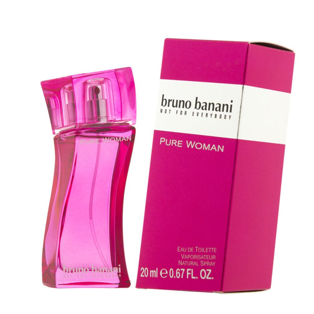 Flacone e confezione rosa. Scritta: Bruno Banani, Pure Woman. Eau de Toilette Spray.