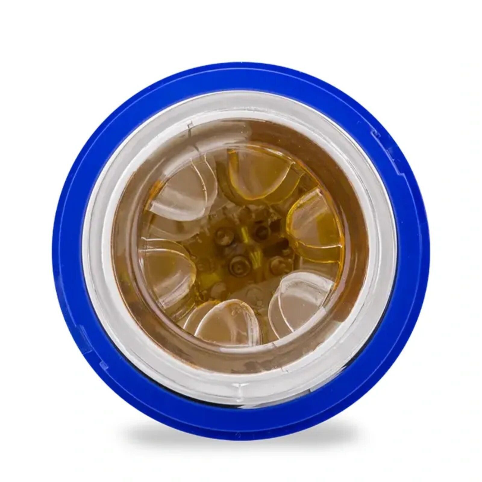 Vista dall'alto di un dispositivo con bordo blu. Struttura interna giallastra. Bordi blu e bianchi.