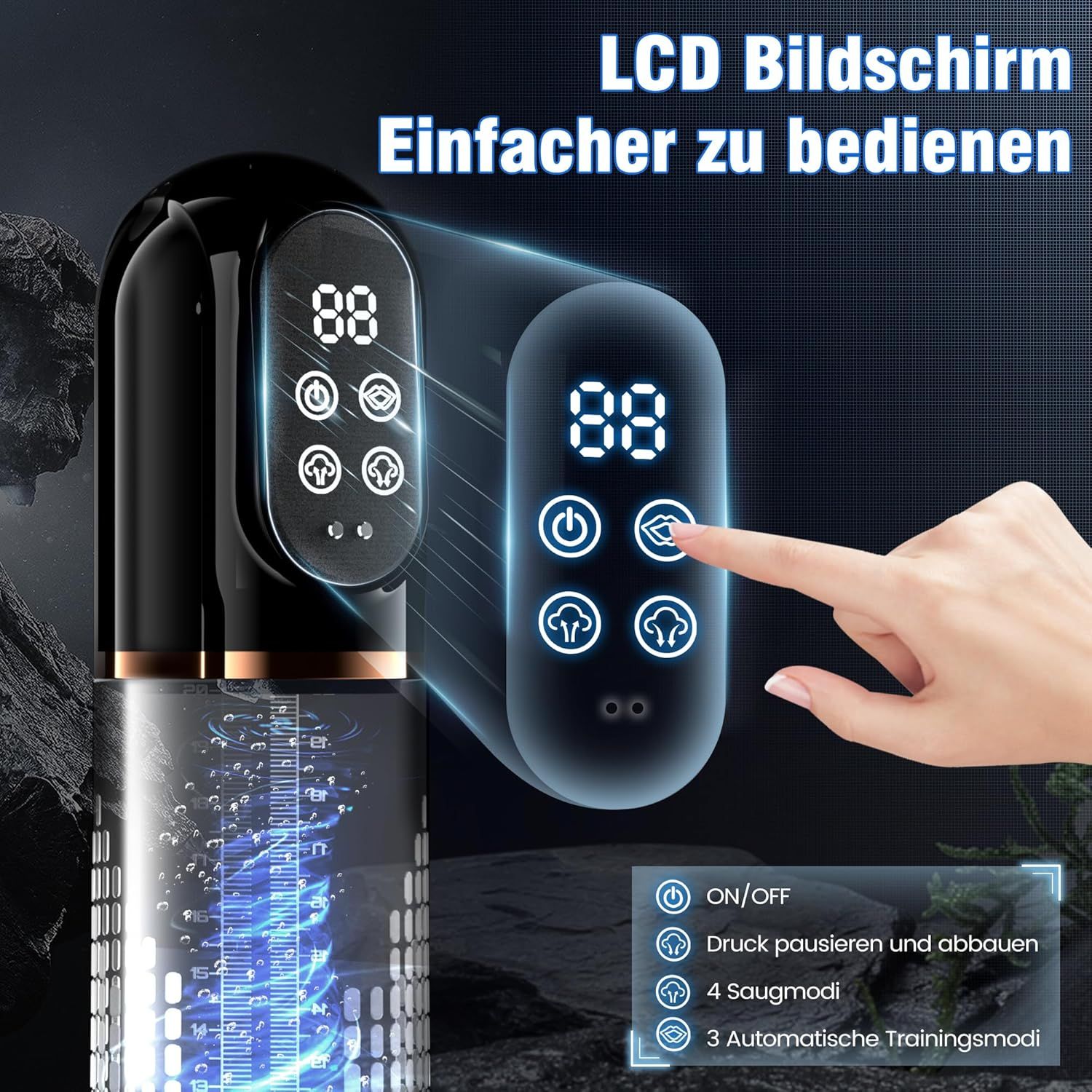 Pompa con display digitale. Funzionamento tramite pulsanti touch. Corpo nero con dettagli dorati.