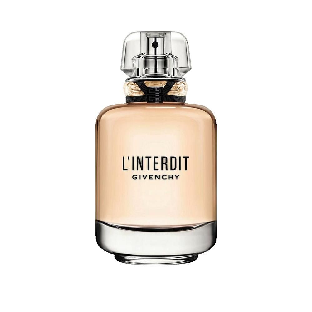 Flacone di profumo L'Interdit di Givenchy. Tappo trasparente, nastro nero, dettagli dorati. Scritta L'Interdit e Givenchy.