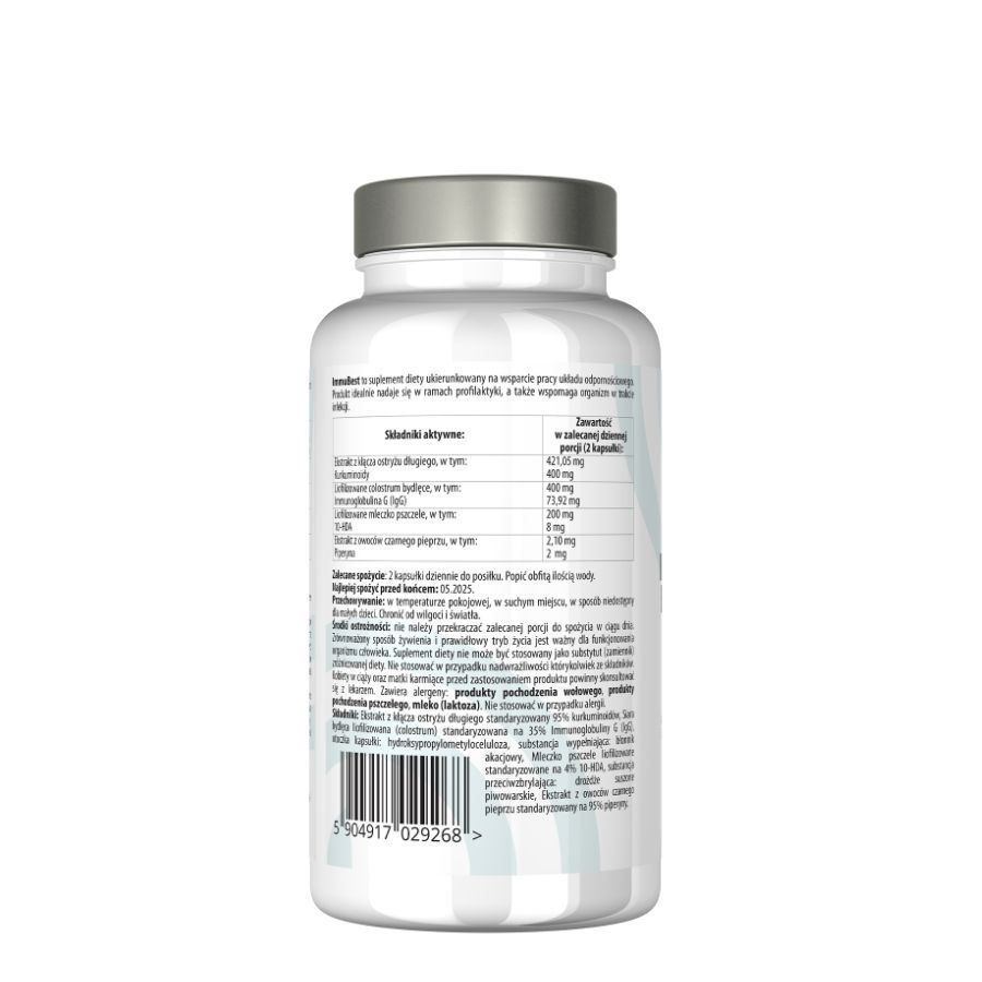 Retro di un flacone bianco di capsule. Contiene informazioni sugli ingredienti e sui valori nutrizionali. Testo in polacco.