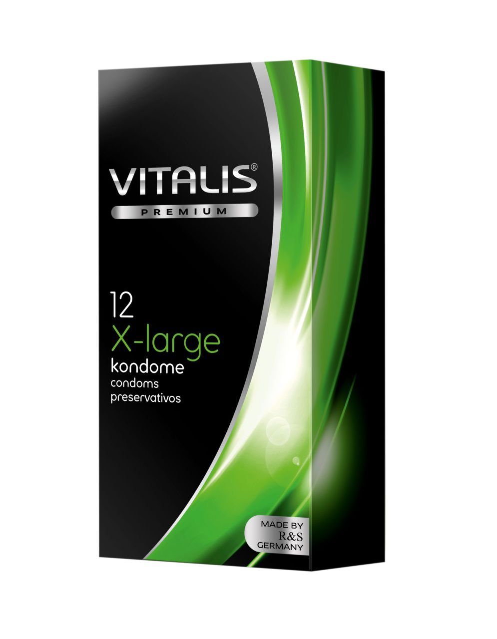 Preservativi Vitalis PREMIUM, 12 pezzi, X-Large. Confezione nera con accenti verdi.