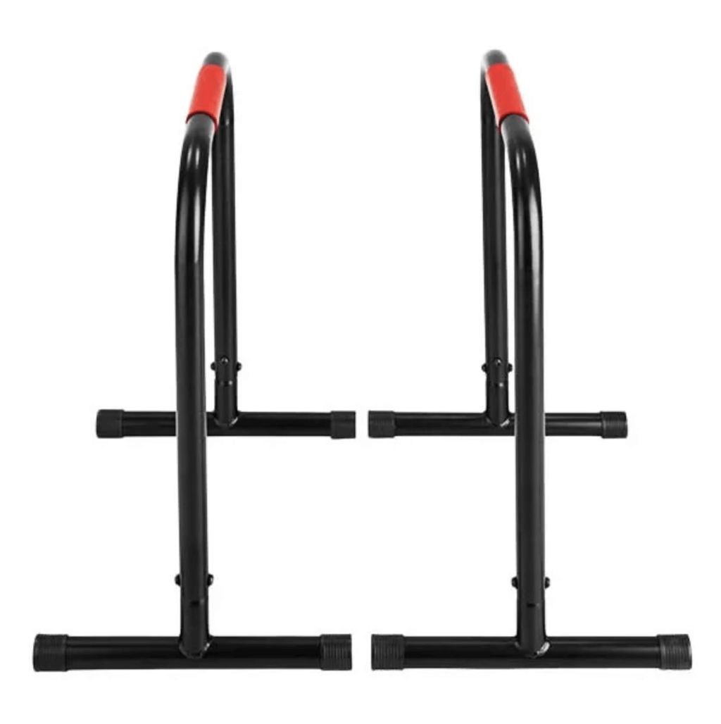 Due parallele nere con maniglie rosse. Base a T, barre curve. Per calisthenics.