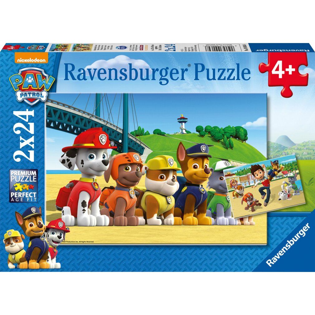 Scatola puzzle Paw Patrol. Stampa: 2x24 pezzi, Ravensburger Puzzle, 4+. I personaggi di Paw Patrol sono raffigurati davanti a un paesaggio.