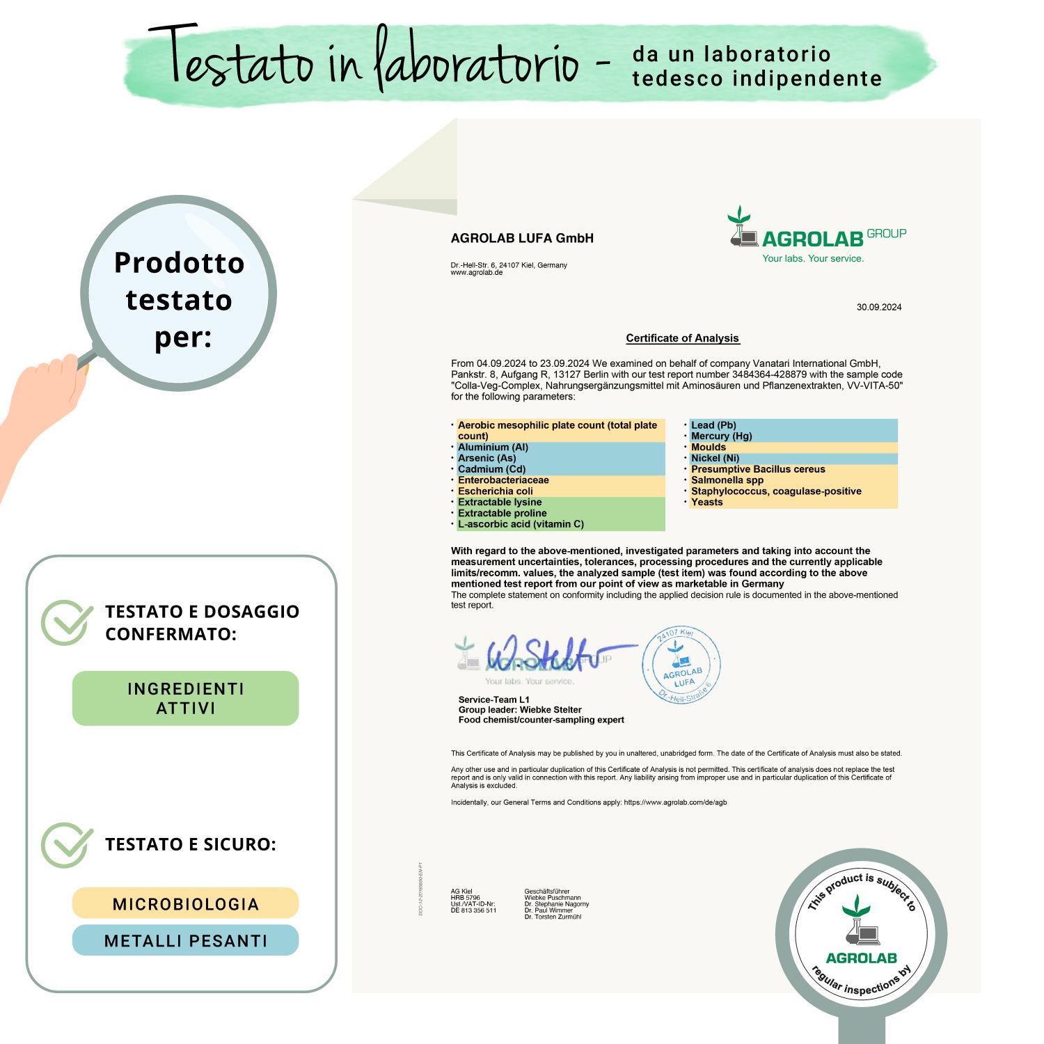 Rapporto di laboratorio di Agrolab LUFA GmbH. Conferma degli ingredienti e della microbiologia. Sigillo: Testato e dosaggio confermato.