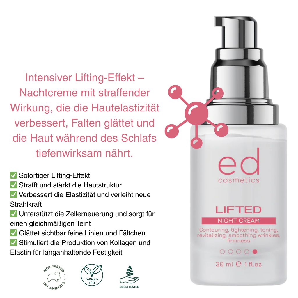 Flacone di crema con erogatore argentato. Testo: ed cosmetics, LIFTED NIGHT CREAM. Loghi: vegano, cruelty-free, dermatologicamente testato.