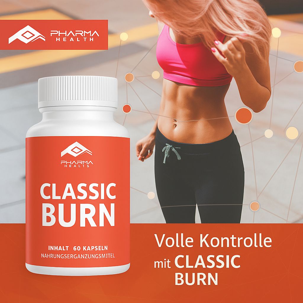 Flacone bianco con etichetta rossa. CLASSIC BURN, logo Pharma Health. Testo: Controllo totale. Integratore alimentare. 60 capsule.