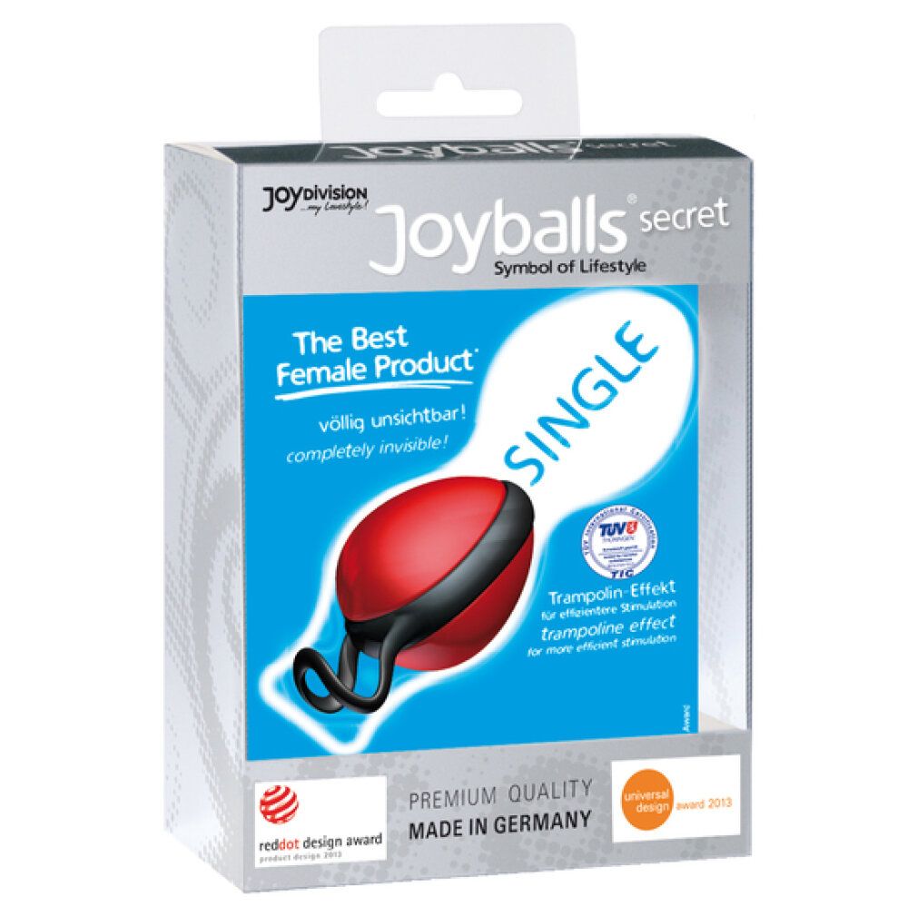 Confezione con palla rossa ovale. Testo: Joydivision, Joyballs secret, Made in Germany.