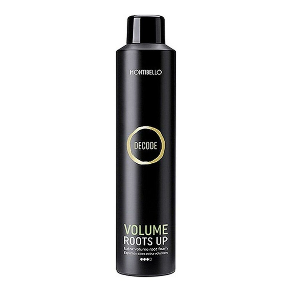 Flacone spray nero con scritte MONTIBELLO, DECODE, VOLUME ROOTS UP. Dettagli dorati. Mousse radici extra volume.