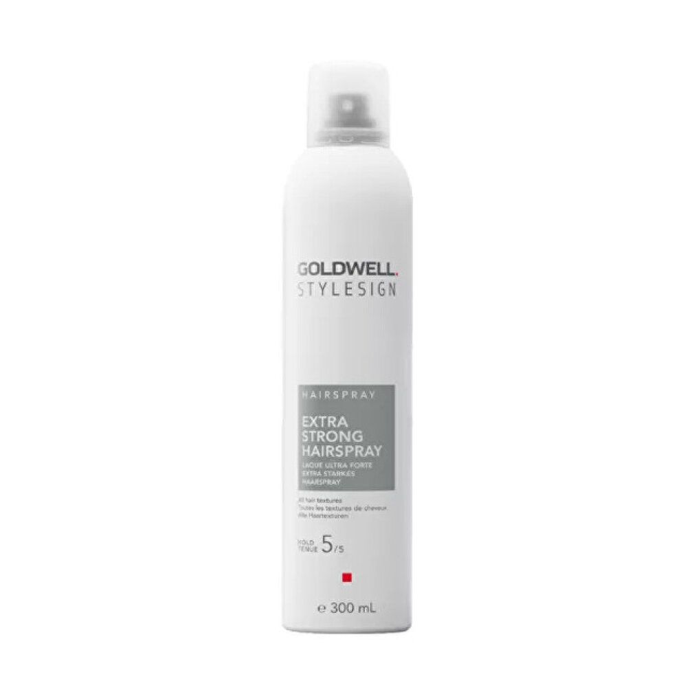 Spray Goldwell Stylesign, bianco con erogatore. Scritta: Extra Strong Hairspray. Forza 5/5.