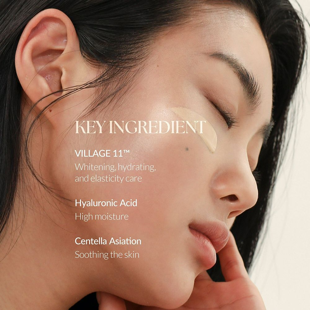 Primo piano di donna con BB Cream. Testo: 'KEY INGREDIENT' e ingredienti: Village 11, Acido Ialuronico, Centella Asiatica.