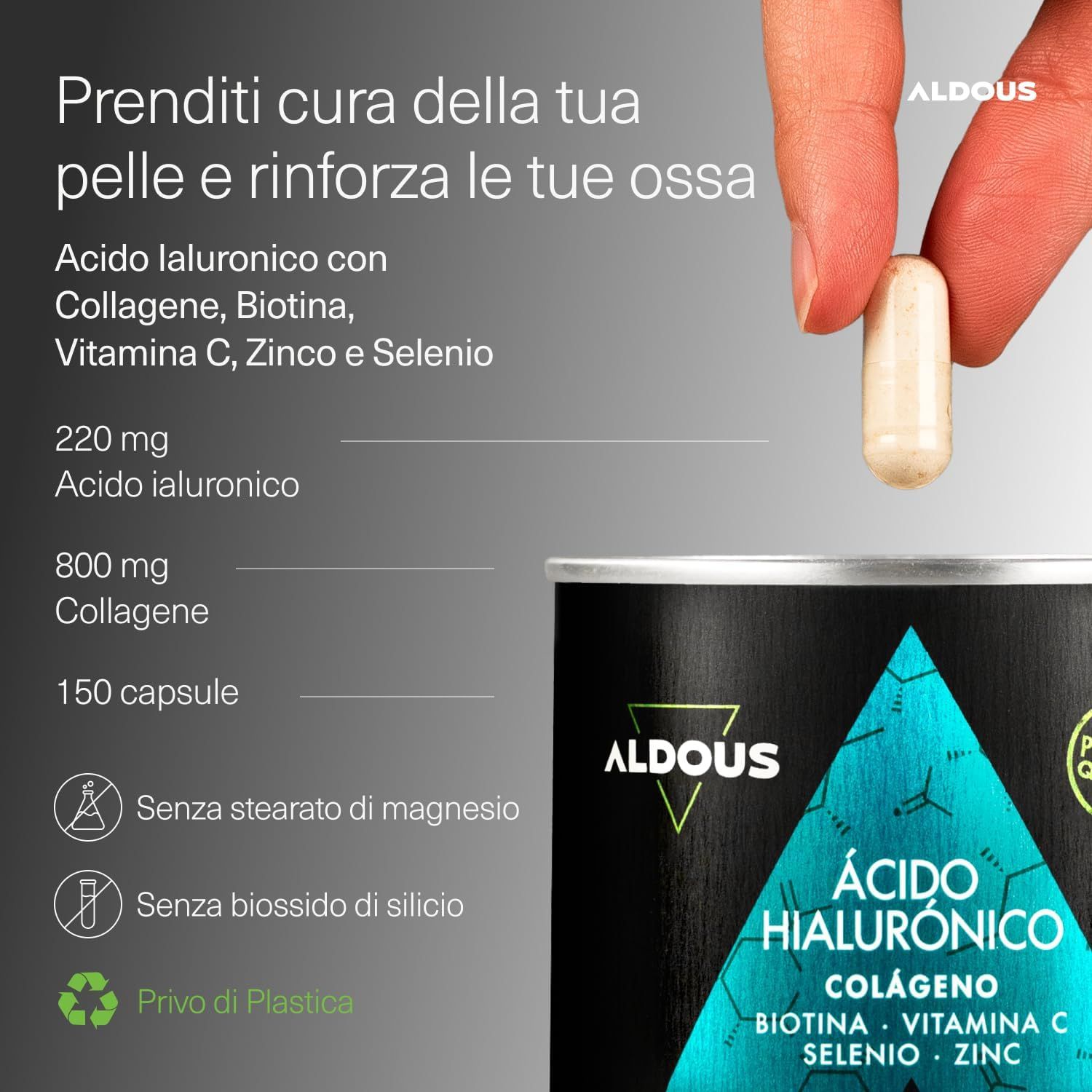 Barattolo Aldous con acido ialuronico, collagene, biotina, vitamina C, selenio, zinco. 150 capsule.