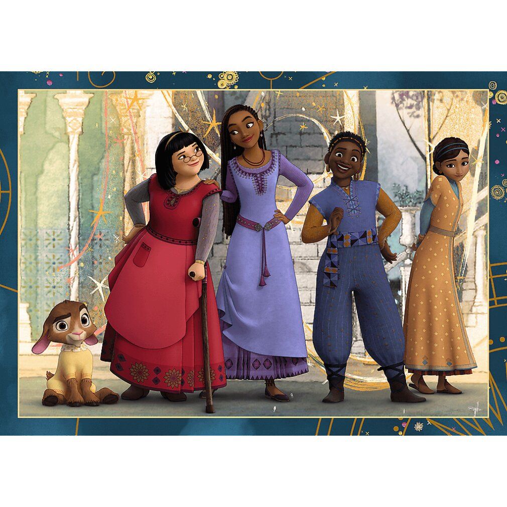 Immagine di un puzzle che mostra cinque personaggi. Una donna con occhiali e bastone, una donna in viola, un uomo in blu, una donna in giallo e una capra.