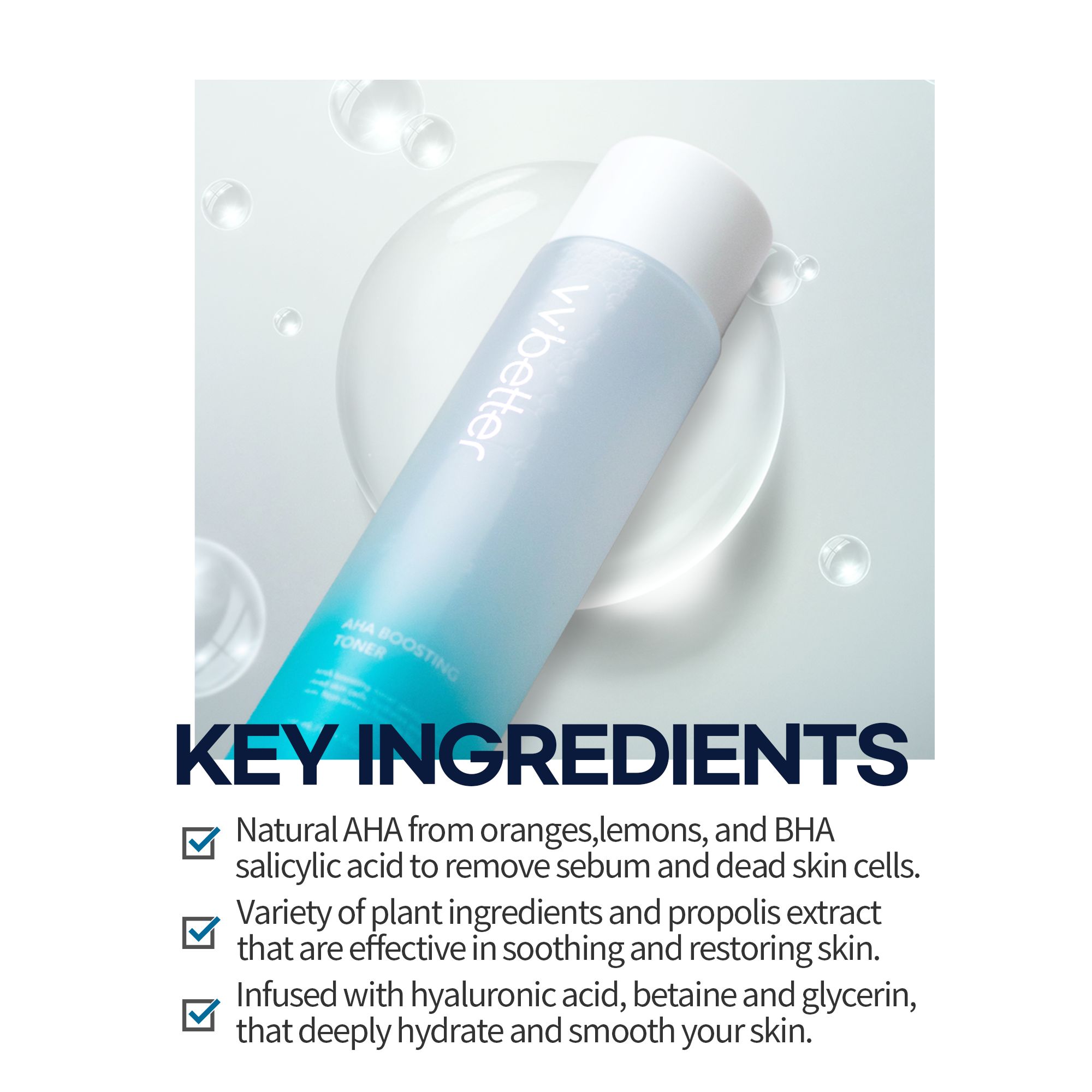 Flacone inclinato con tappo bianco. Testo: "KEY INGREDIENTS" e ingredienti. Marchio e nome del prodotto visibili.